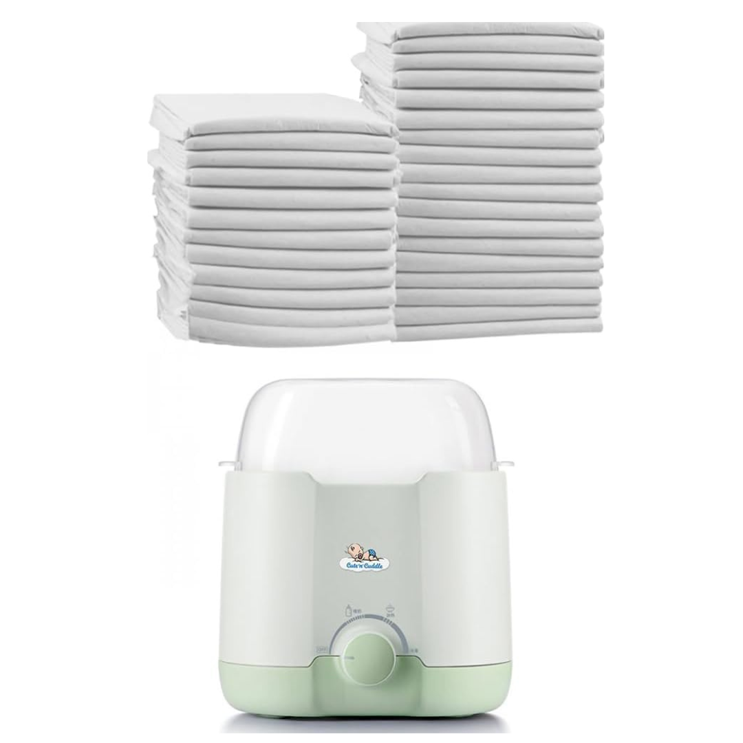 Baby Care Essentials Combo – 30 Ultra-Absorbent Disposable Changing Mats (60x45cm, White) + Electric Milk Warmer with Glass Dual Heating for Breast Milk & Water For Travel & Home Use.