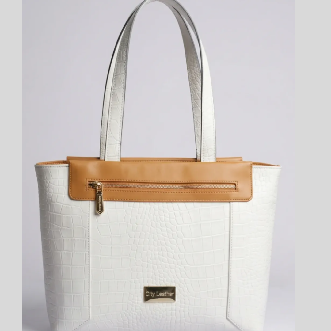 Elegant Croc-Texture White Tote Bag with Tan Accent – City Leather Shoulder Handbag