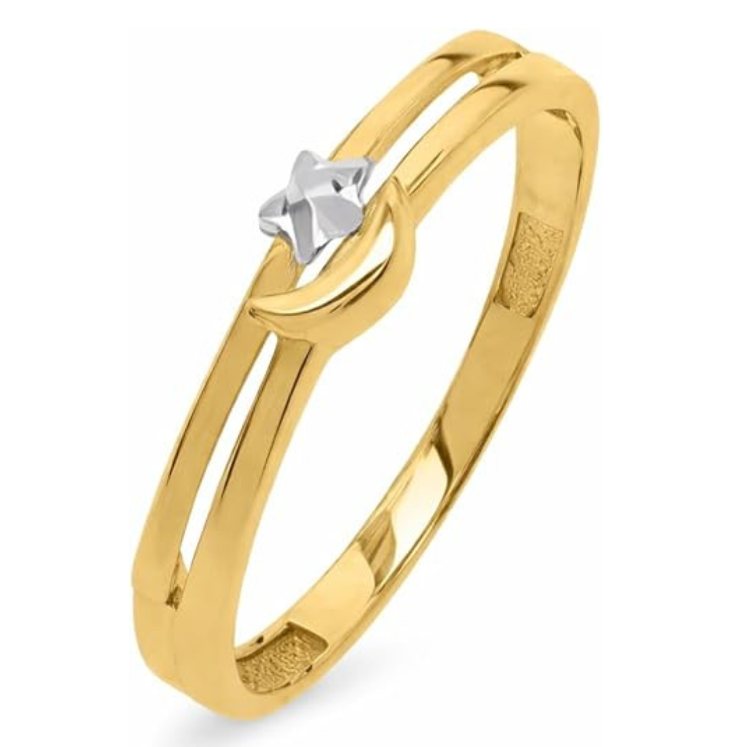 10K Two-Tone Gold Star & Moon Ring for Women & Men – Polished Celestial Design Band | Minimalist Fine Gold Jewelry | Gift for Birthday, Anniversary & Valentine’s Day.