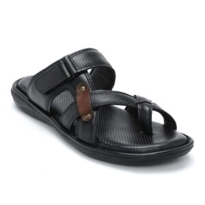 Men's Black Toe Ring Leather Comfort Slippers with Adjustable Strap