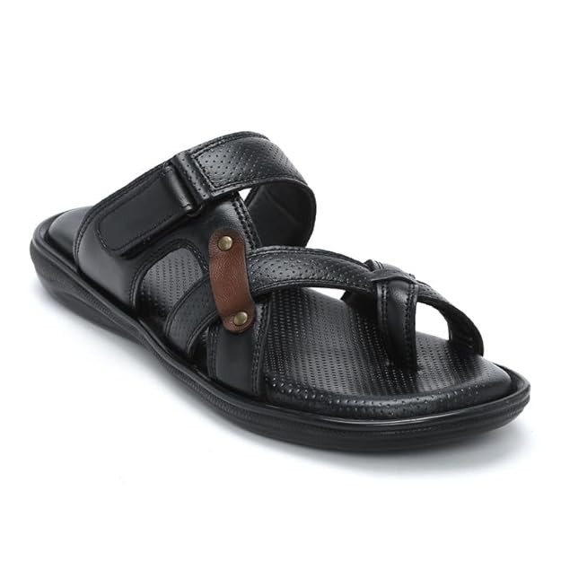 Men's Black Toe Ring Leather Comfort Slippers with Adjustable Strap