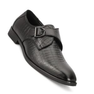 Men's Black Textured Monk Strap Formal Leather Shoes