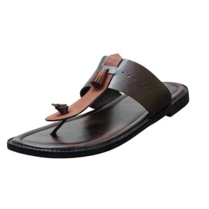 Men's Brown Toe Ring Leather Ethnic Slippers with Tassel Detail
