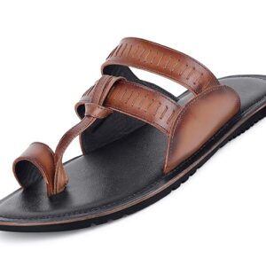 Men's Brown Toe Ring Leather Comfort Slippers with Dual Strap Design