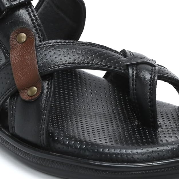 Men's Black Toe Ring Leather Comfort Slippers with Adjustable Strap - Image 3