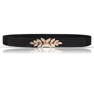 Elegant Black Women’s Waist Belt with Gold Leaf Buckle