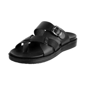 Men's Black Cross Strap Leather Comfort Slippers with Buckle Design