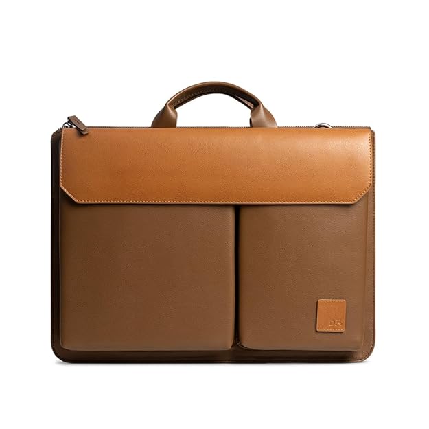 Tan Leather Briefcase Laptop Bag with Flap Closure