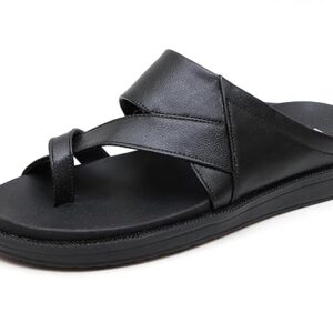 Men's Black Cross Strap Leather Comfort Slippers