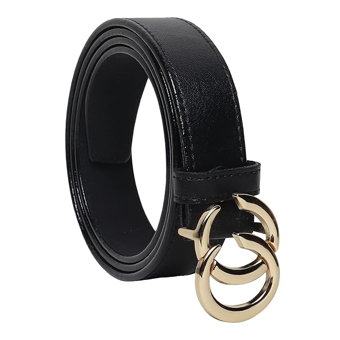 Stylish Black Women’s Belt with Gold Double Ring Buckle