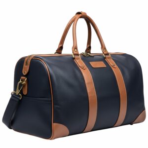Premium Navy Blue Leather Travel Duffel Bag with Tan Handles