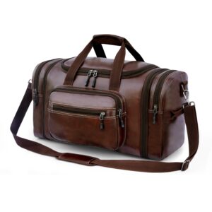 Men’s Brown Leather Travel Duffel Bag with Pockets