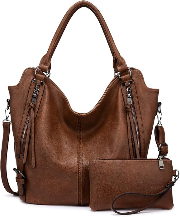 Stylish Brown Leather Women’s Handbag with Pouch Set