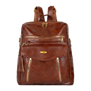 Brown Leather Backpack with Multiple Zipper Pockets