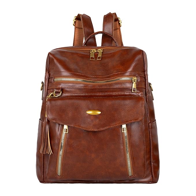 Brown Leather Backpack with Multiple Zipper Pockets