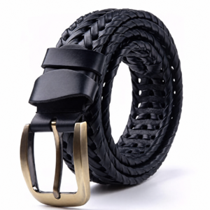 Braided Black Leather Belt with Antique Buckle for men